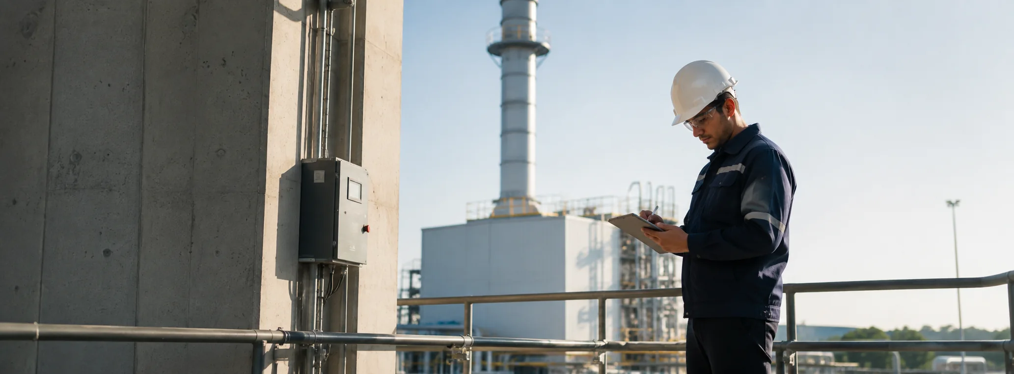 An operator on a walkway making notes, with a gas plant and stack behind