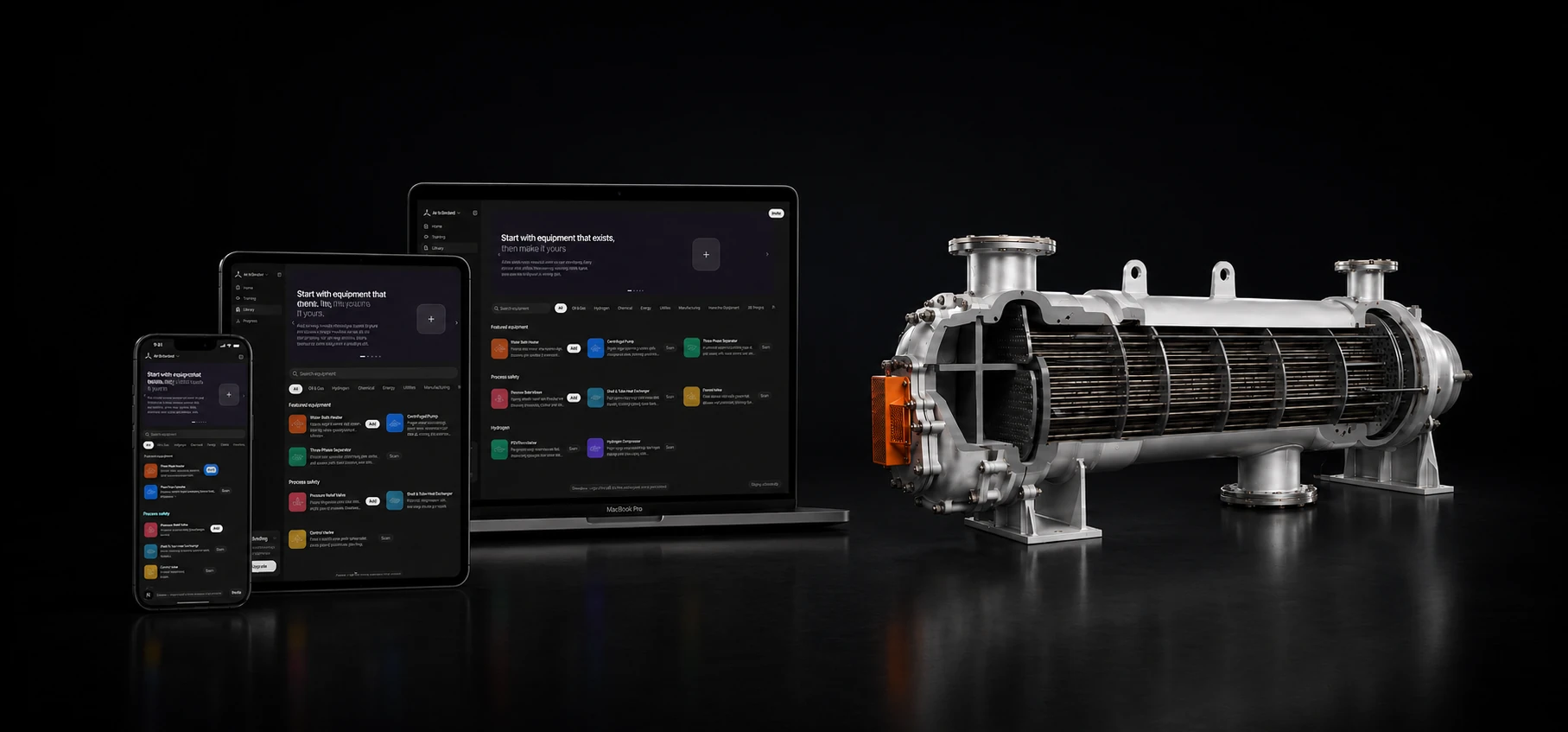 A laptop, tablet and phone showing the Techcopter library, standing beside a shell-and-tube heat exchanger cut away to show the tube bundle and baffles inside