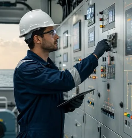 An operator at an offshore switchboard, one hand on a breaker and a tablet in the other