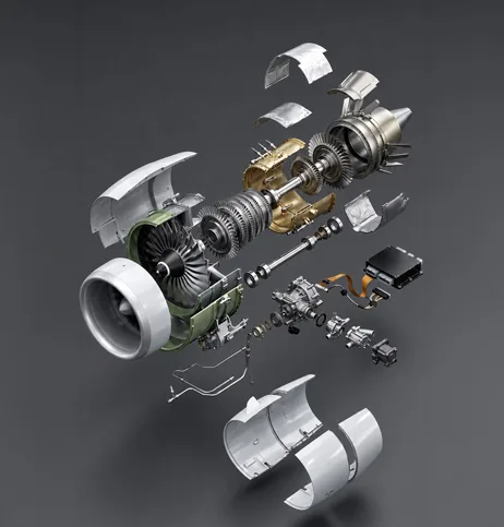An exploded view of a turbine, every stage separated along its shaft