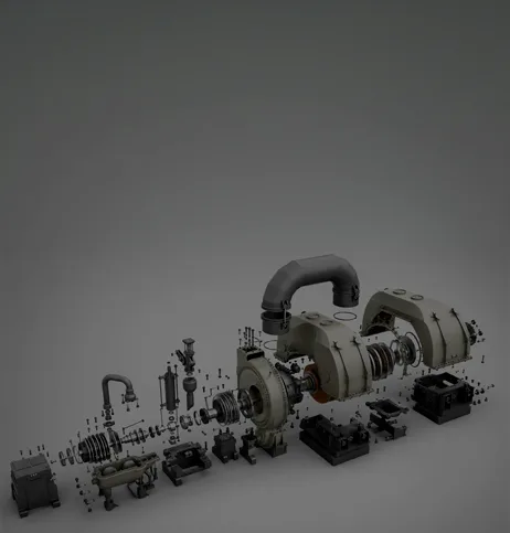 An exploded view of a compressor train, casing, rotor and baseplate laid out in order