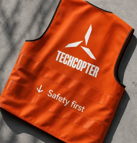 A Techcopter safety vest laid on concrete, logo and "Safety first" facing up