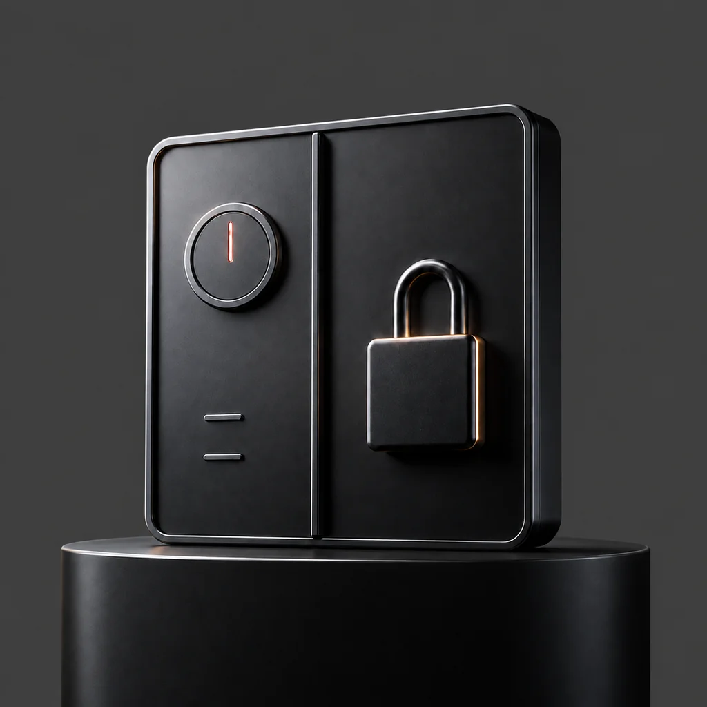 A two-part enclosure with a keyed isolator and a closed padlock on its door