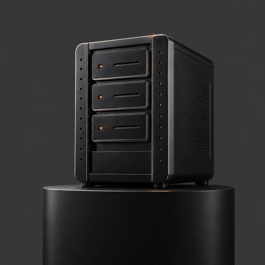 A rack enclosure of its own, three bays filled, shut