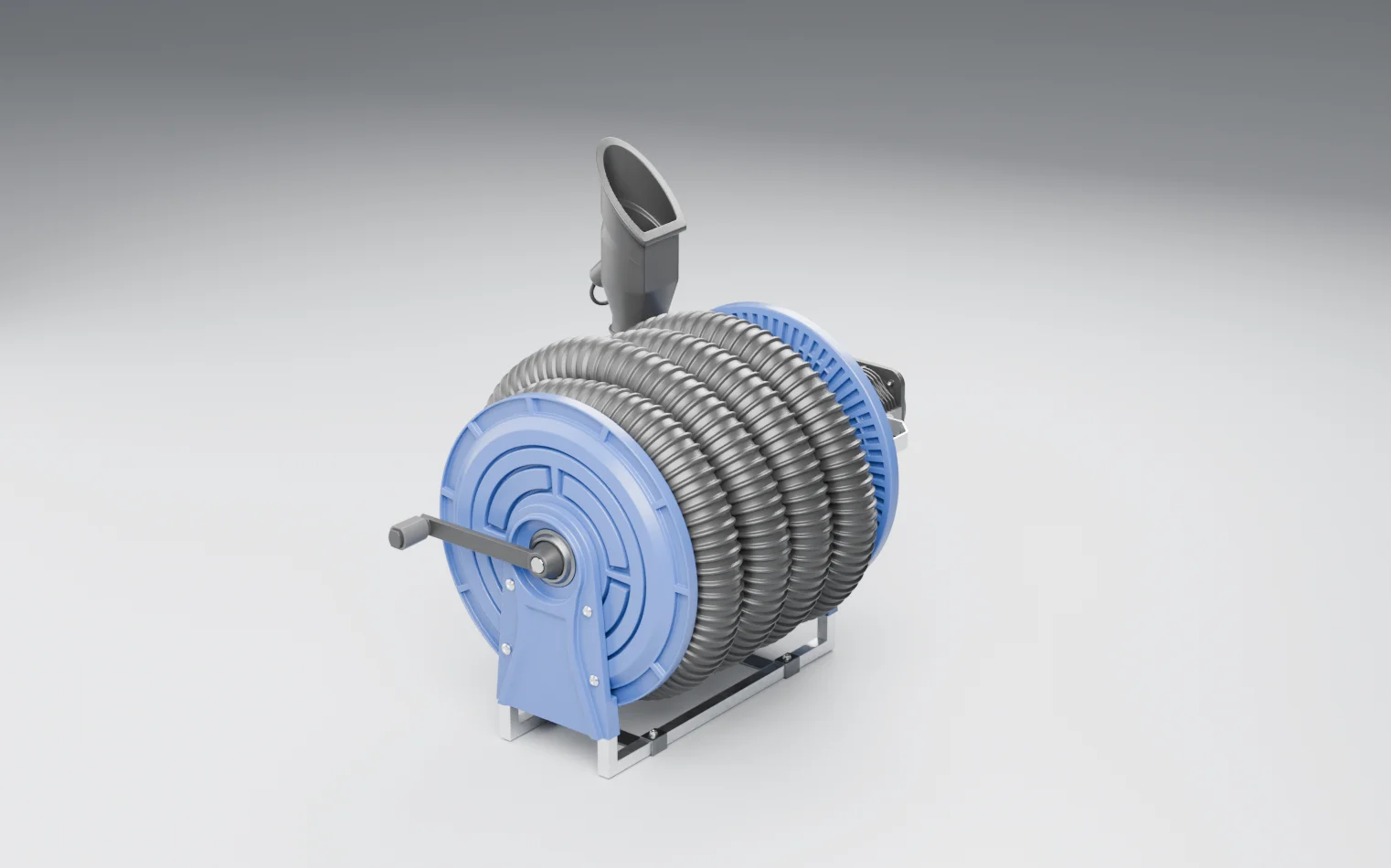 A vehicle exhaust extraction hose reel on a grey studio floor: a blue drum with black extraction hose wound on it, a crank handle and the tailpipe nozzle on the hose end