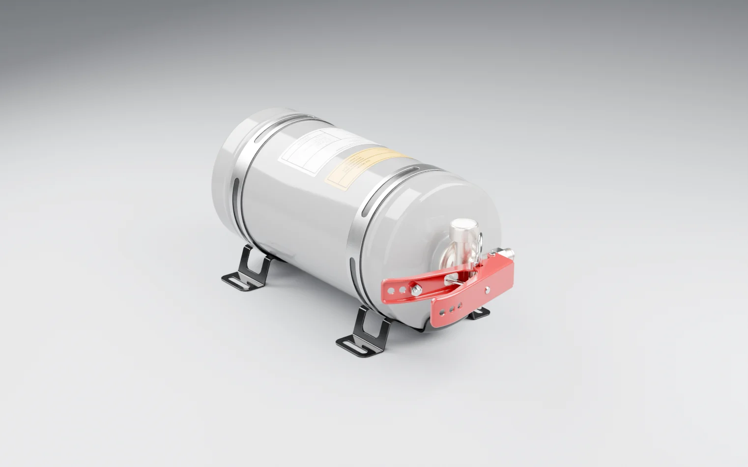 A fixed fire suppression cylinder on a grey studio floor, strapped into black brackets, with a pressure gauge, a safety pin and a red release lever on its valve head
