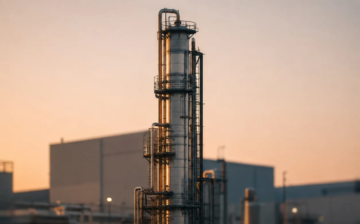 A distillation column and its pipework at dusk, plant buildings and vessels behind it