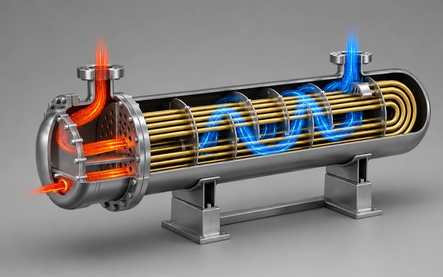 A cutaway illustration of a shell and tube heat exchanger: the tube bundle turning through the channel head, baffles directing the shell-side stream across it, on saddle supports