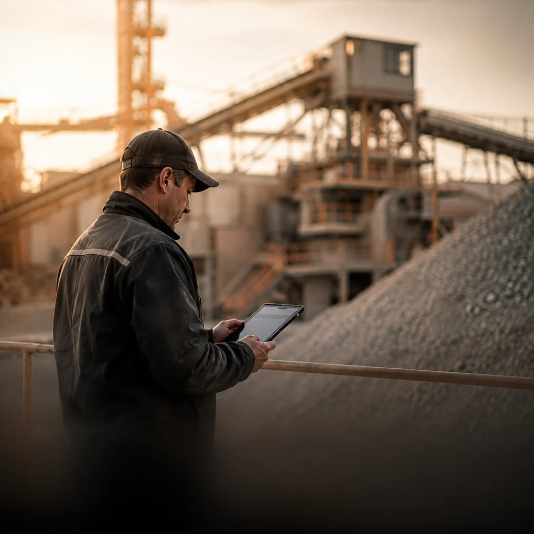An engineer checking a tablet in front of an aggregates plant at sunset