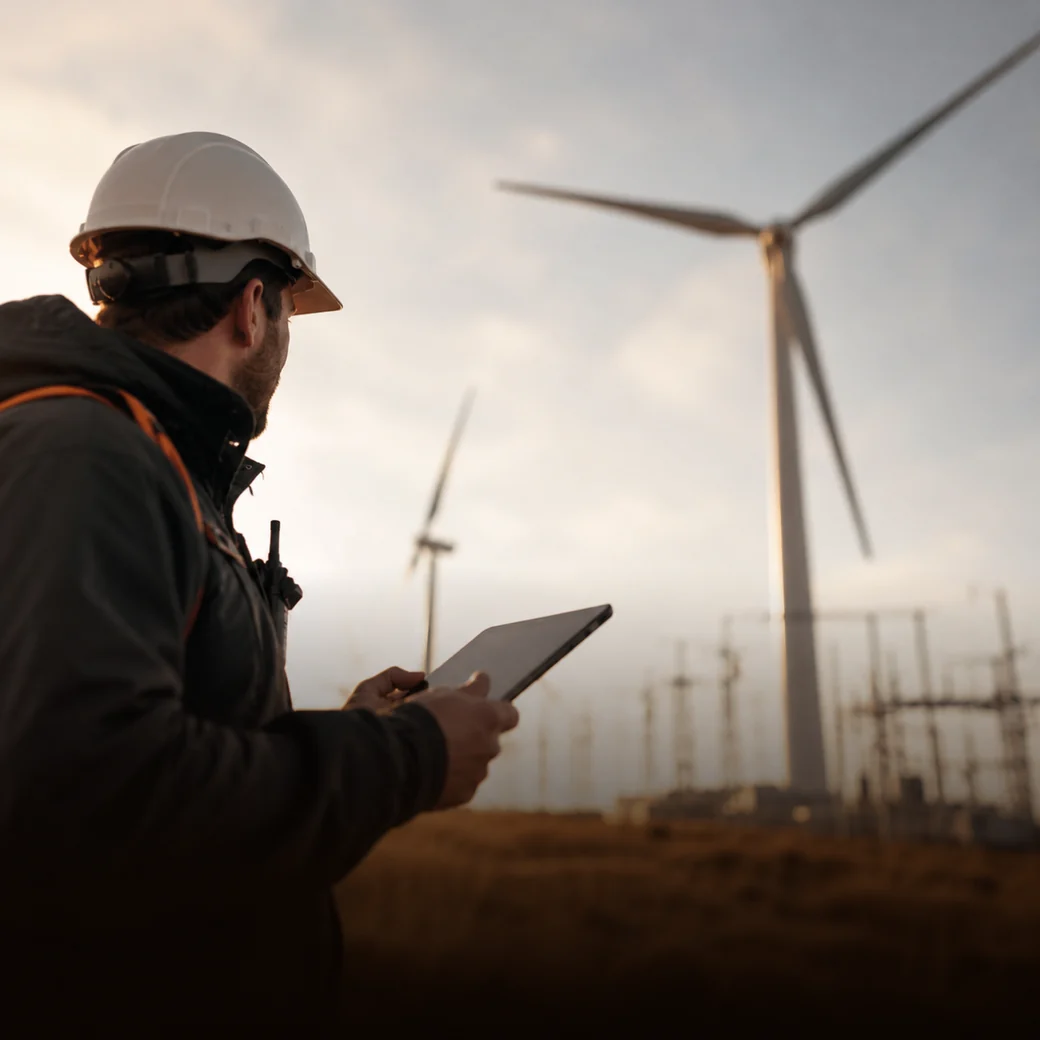 A technician with a tablet below a wind turbine at a substation