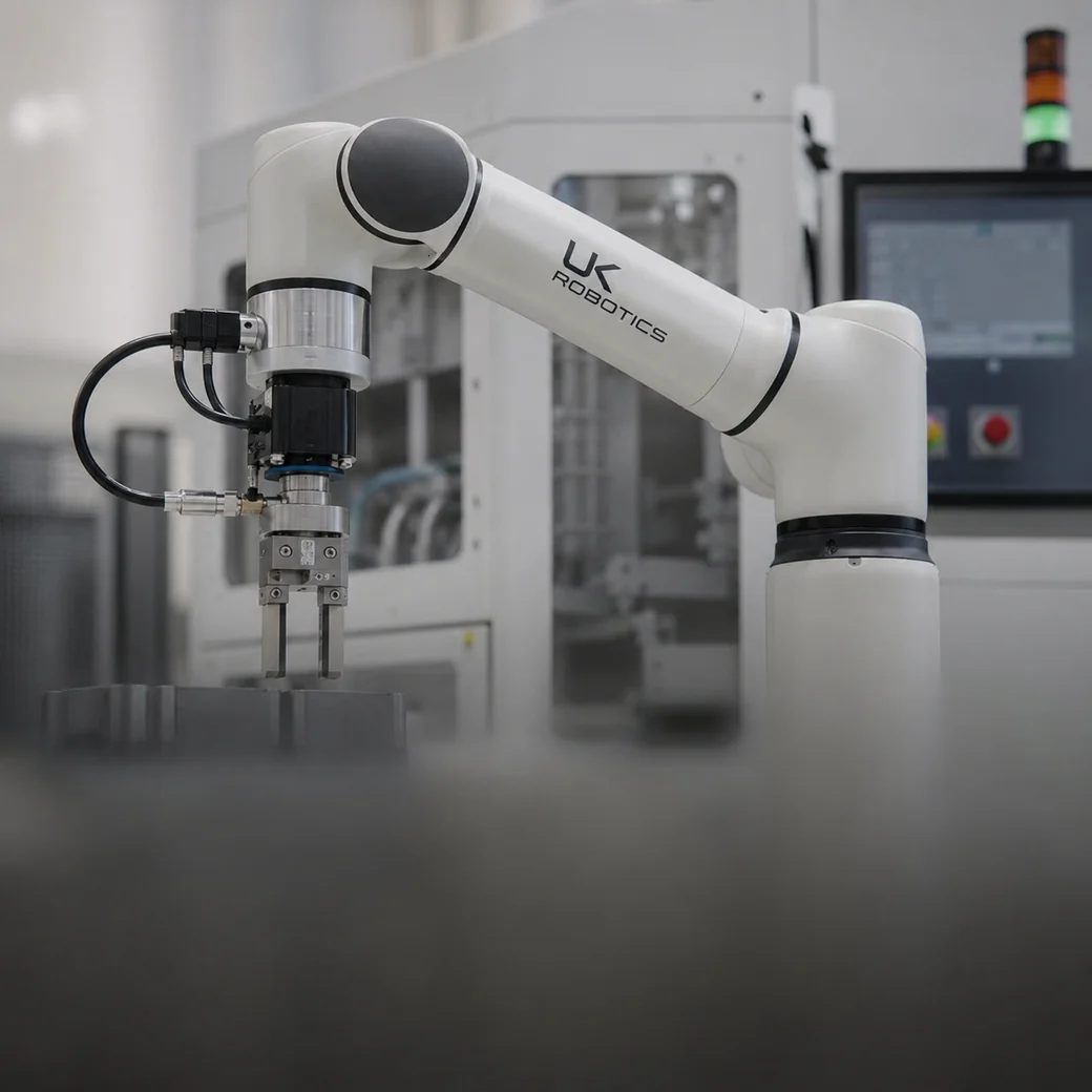 A UK Robotics collaborative arm loading a machined part into a CNC cell